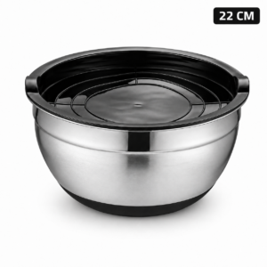 22cm Large Salad Bowl with Plastic Lid, Brushed Stainless Steel | MX02-22