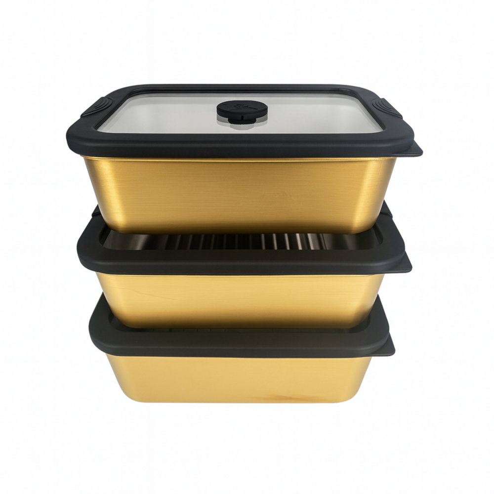 Black PVD Stainless Steel Lunch Box with Gold Pattern and Glass Lid| BTP01 - 图片 7