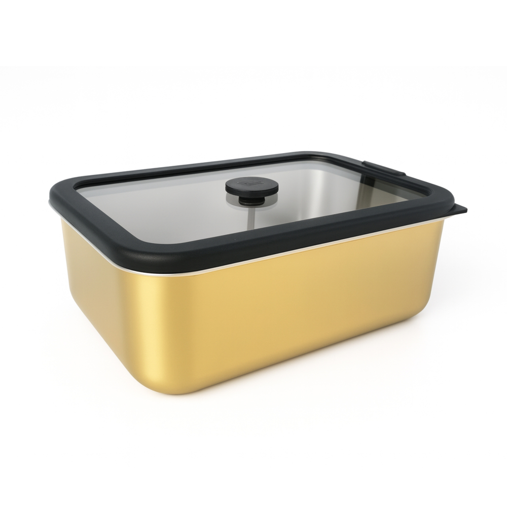 Black PVD Stainless Steel Lunch Box with Gold Pattern and Glass Lid| BTP01 - 图片 3