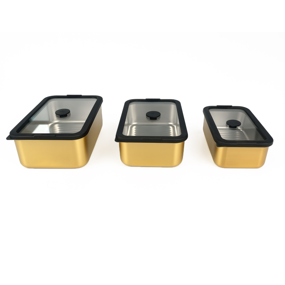 Black PVD Stainless Steel Lunch Box with Gold Pattern and Glass Lid| BTP01
