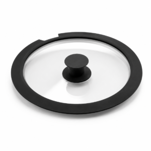 Black silicone rim glass lid with matching knob, model SIL20