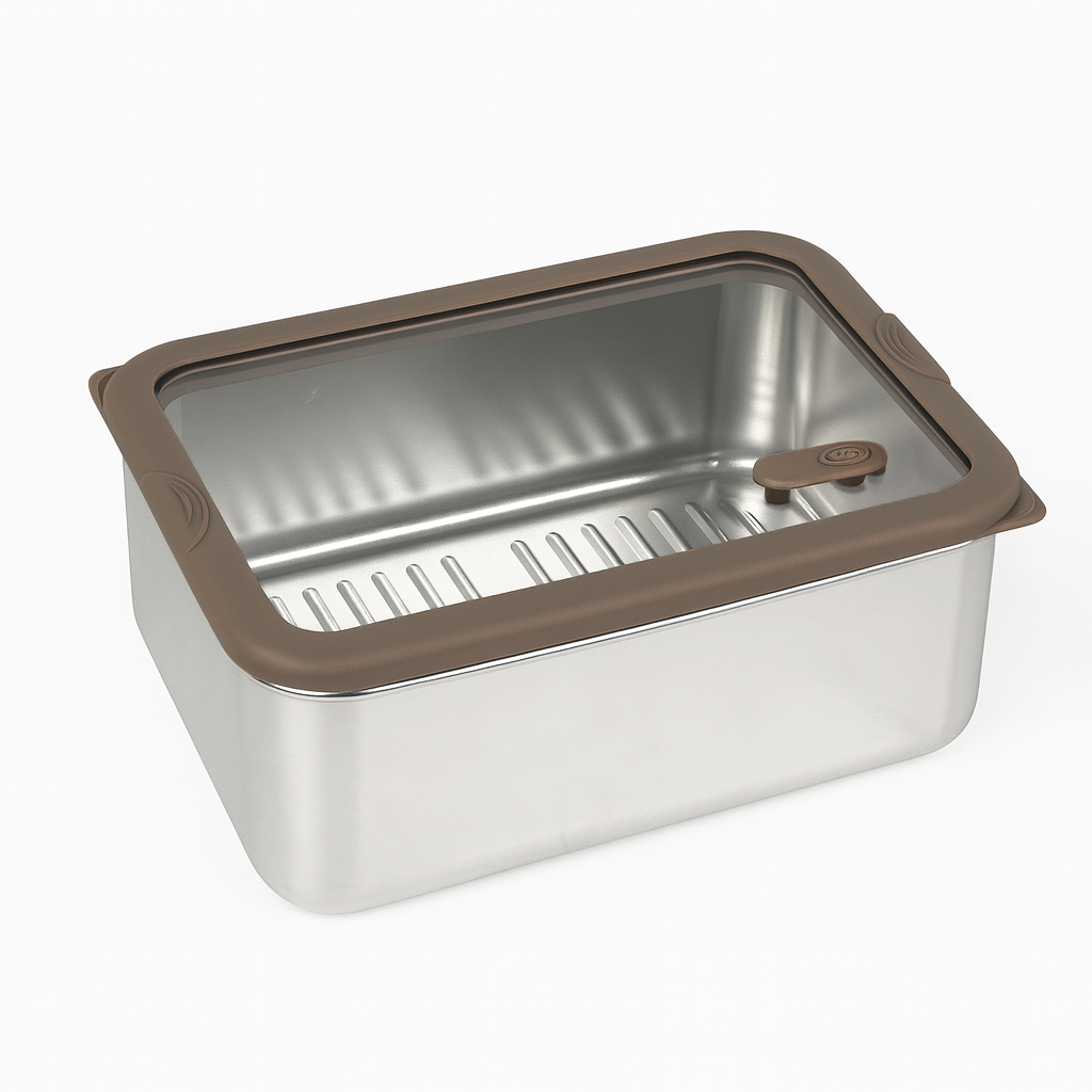 Brown Silicone Glass Lid Stainless Steel Food Container with Oval Vent|BTE01 - 图片 2