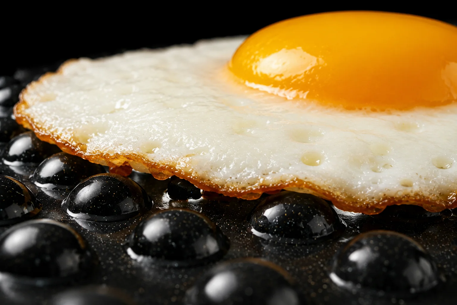 Fried egg contacting raised dots above a ceramic surface