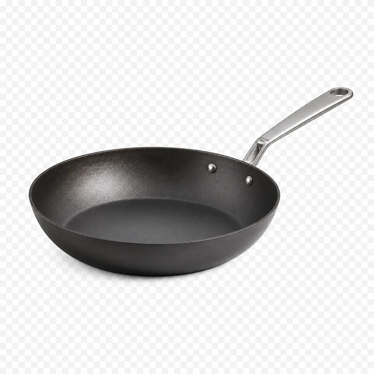Dark nitrided seasoned steel frying pan with metal handle