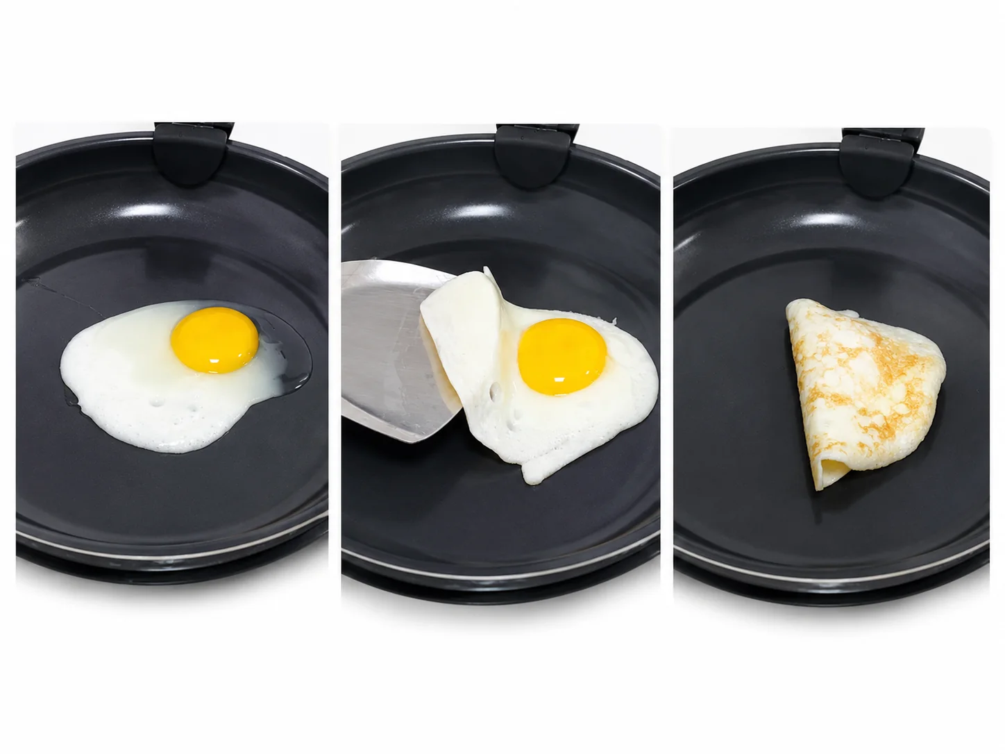 Three-step real oil-free egg frying and release sequence