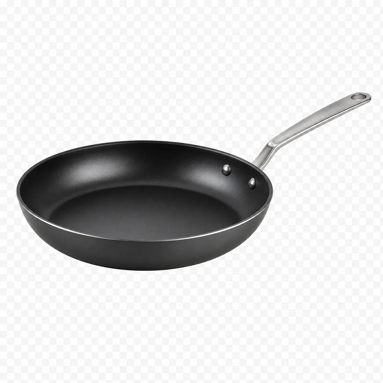 Traditional black PTFE nonstick frying pan with metal handle