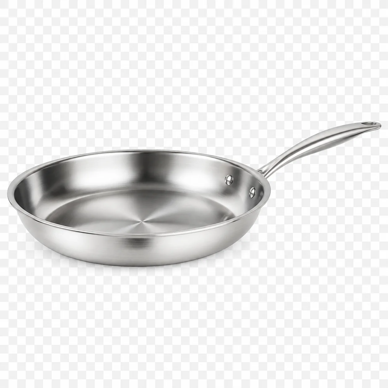 Traditional stainless steel frying pan on a transparent background