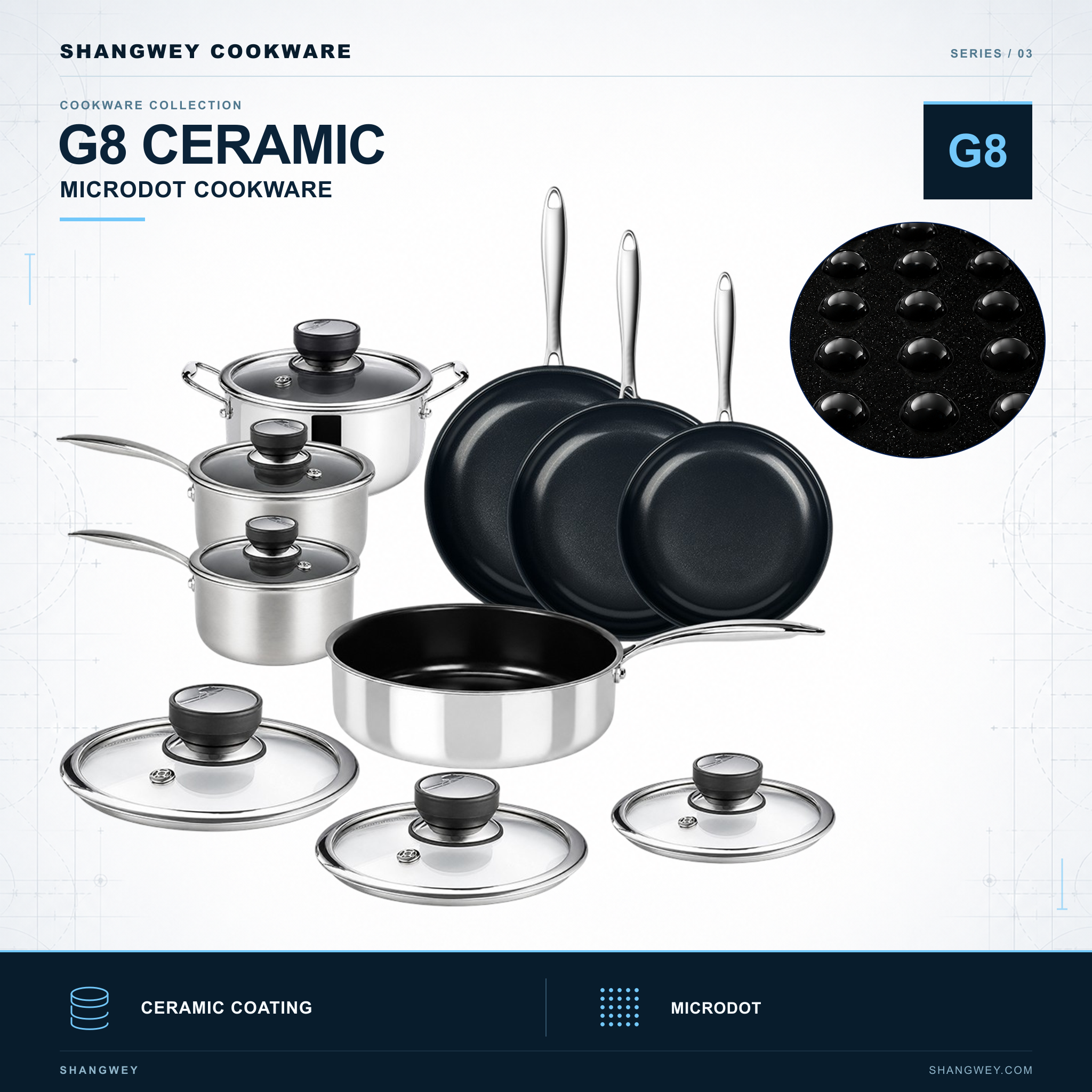 G8 Ceramic Microdot Cookware series by Shangwey, showing pan and pot styles with a surface detail