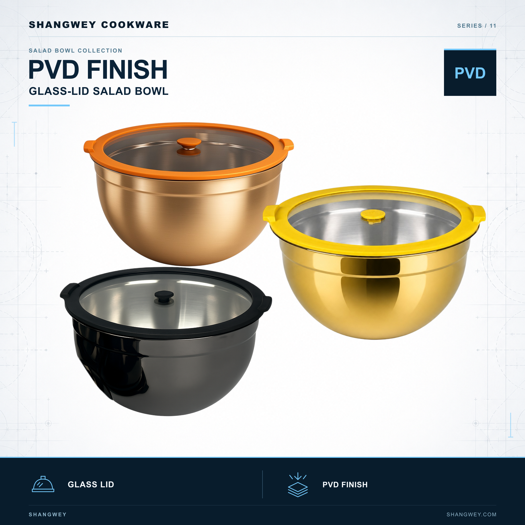 PVD Glass Lid Salad Bowl series by Shangwey, showing bowl finishes and glass lids