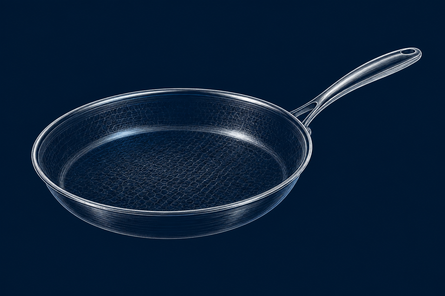 Hand-drawn shallow frying pan with a long metal handle