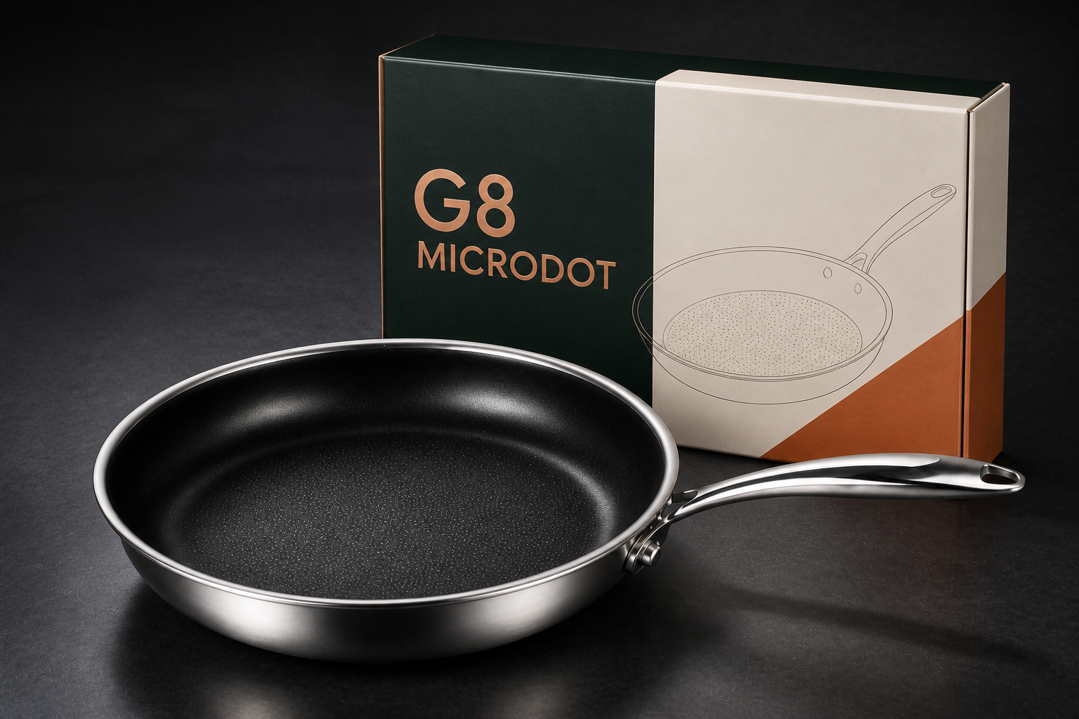 Shangwey G8 Microdot frying pan displayed with its printed retail color box