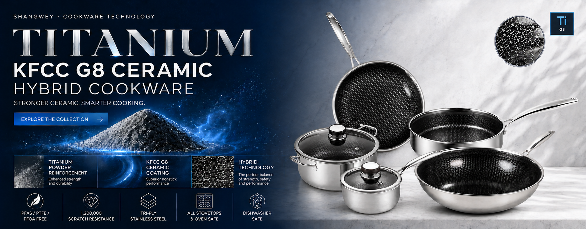Titanium KFCC G8 ceramic hybrid cookware collection with Ti G8 honeycomb surface detail, wok, frying pans, stockpot and saucepan